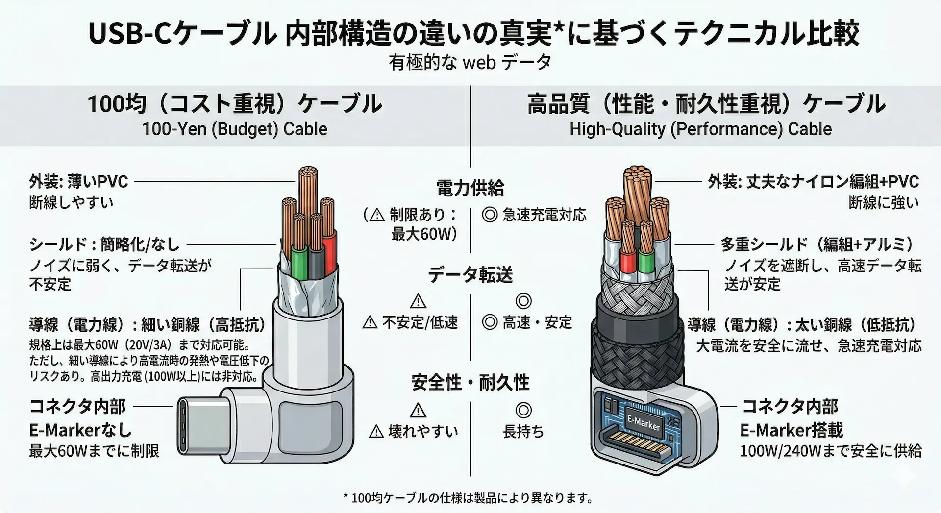 100均ケーブルと高品質ケーブルの内部構造の違い