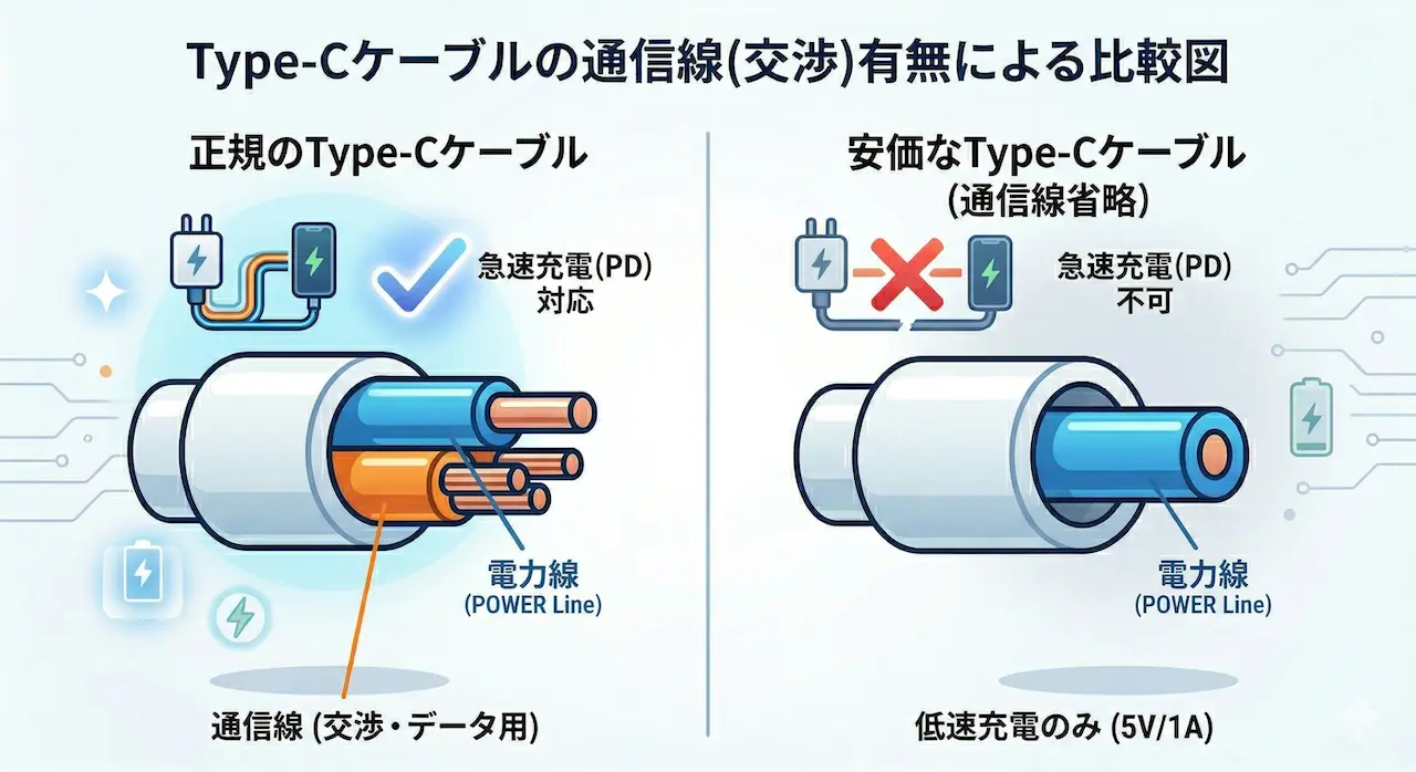 正規のType-Cケーブルと、通信線が省略された安価なケーブルの内部構造の比較