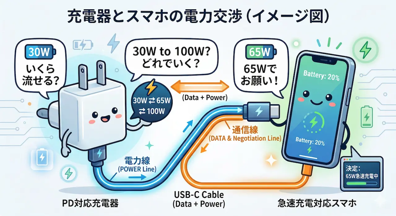 充電器とスマホが通信線を通じて会話(電力の交渉)