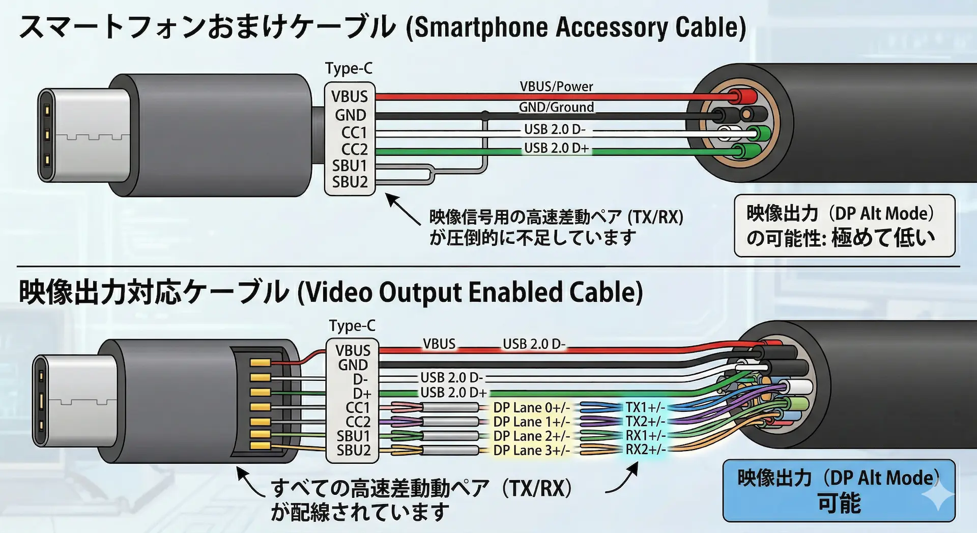 スマホのおまけケーブルと映像出力対応ケーブルの内部構造の違い
