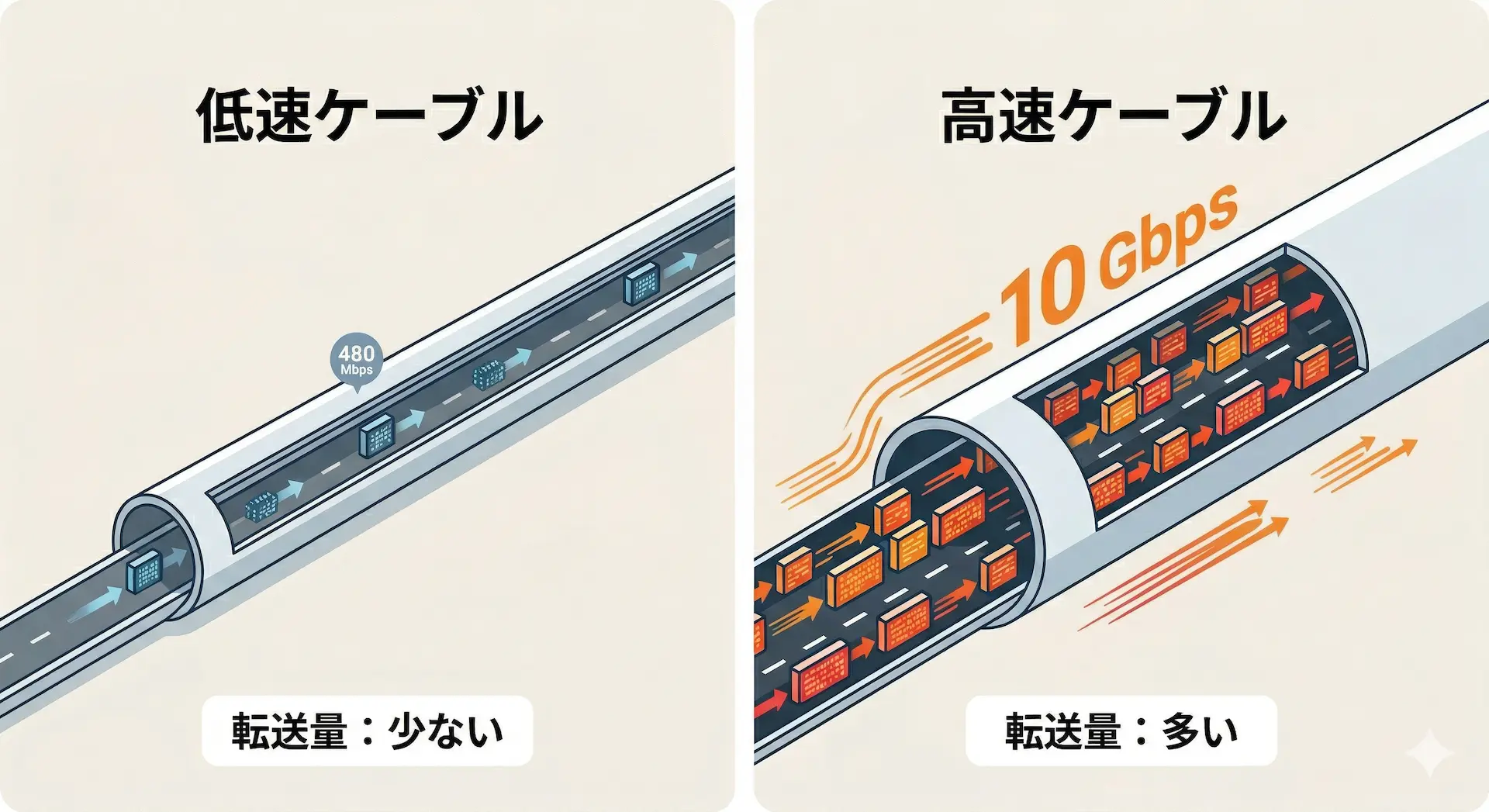 低速ケーブル(480Mbps)と高速ケーブル(10Gbps)のデータ転送量の違い