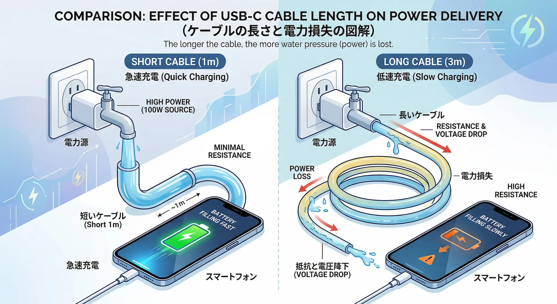 ケーブルの長さと電力損失